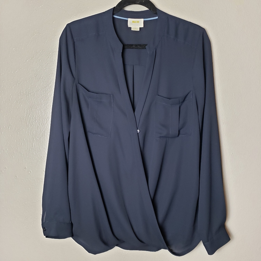 Maeve Eva Blu Black Drape Front Faux Wrap Blouse